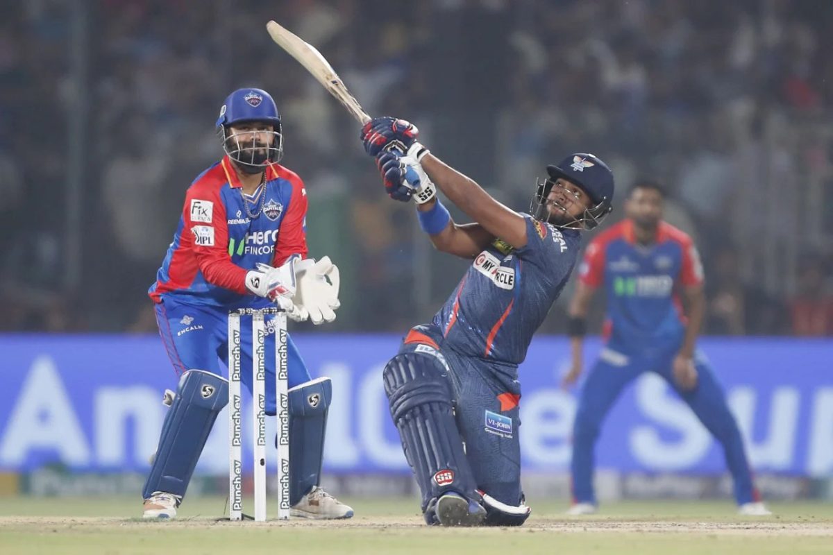 Nicholas Pooran clears the mid-wicket boundary during his valiant innings of 61 off 27 balls