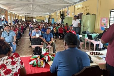 Residents of Waramuri turned out in their numbers for a community outreach led by President Irfaan Ali (DPI photo)
