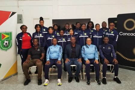 Participants of the GFF Women’s Referees Workshop pose for a photo opportunity alongside members of the federation and administrators of the programme