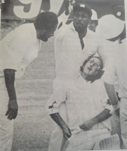 Australian Peter Toohey is struck on the eyebrow by Andy Roberts during the first innings of the First Test at the Queen’s Park Oval, Trinidad, 3 March, 1978. Roberts (left) and Captain Clive Lloyd inspect the damage. (Source: Media guide: The Australians are back in Guyana - 1978 Tour)
