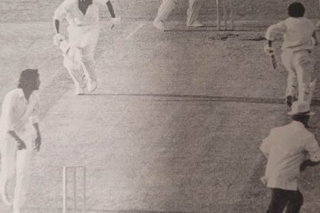 Andy Roberts and Deryck Murray scamper to take the winning run against Pakistan in the 1975 Prudential World Cup second round encounter (Source 1977 media guide, The West Indies vs Pakistan in Guyana)  