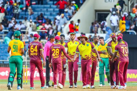 The West Indies celebrate after defeating South Africa by 16 runs to win the three-match series 2-0

