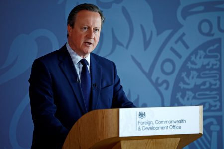 Britain's Foreign Secretary David Cameron delivers a speech at the National Cyber Security Centre in London, Britain, on May 9, 2024.     BENJAMIN CREMEL/Pool via REUTERS