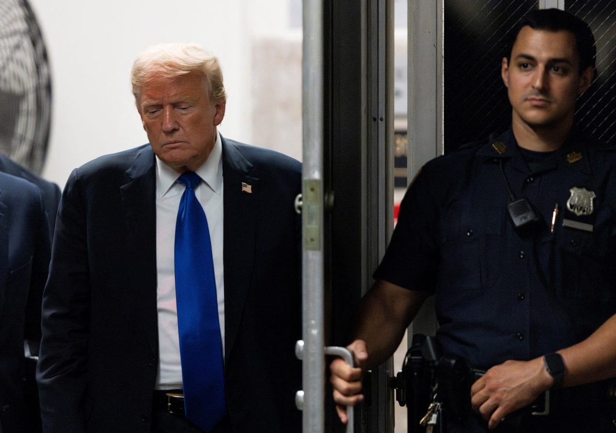 Former US President Donald Trump returning to the courthouse moments before hearing that the jury had a verdict in his criminal trial in New York State Supreme Court in New York, New York, USA, 30 May 2024. JUSTIN LANE/Pool via REUTERS