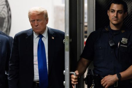 Former US President Donald Trump returning to the courthouse moments before hearing that the jury had a verdict in his criminal trial in New York State Supreme Court in New York, New York, USA, 30 May 2024. JUSTIN LANE/Pool via REUTERS