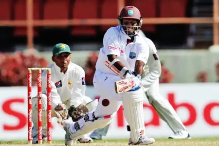 Flashback! Shivnarine Chanderpaul plays a shot against Pakistan at the Providence National Stadium in 2011.