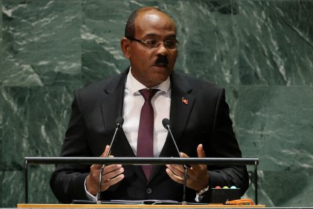 FILE PHOTO: Antigua and Barbuda Prime Minister Gaston Alphonso Browne  addresses the 78th Session of the U.N. General Assembly in New York City, U.S., September 22, 2023. REUTERS/Brendan McDermid/File Photo