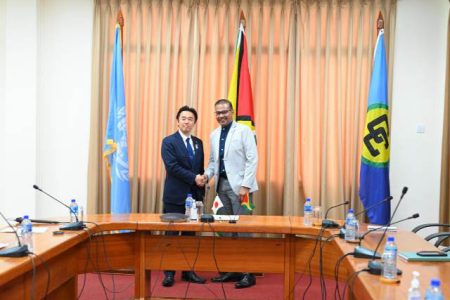 Foreign Secretary Robert Persaud (right) yesterday met with Hosaka Yasushi, Parliamentary Vice-Minister for Foreign Affairs of Japan. (Ministry of Foreign Affairs photo)