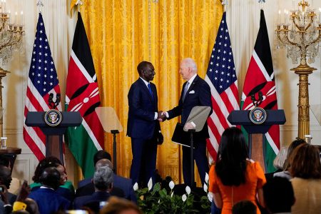 Kenyan President William Ruto and U.S. President Joe Biden shake hands during a joint press conference at the White House in Washington, U.S., May 23, 2024. REUTERS/Elizabeth Frantz 