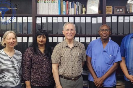 From left to right are Dr Navindranauth Rambaran, Director Medical and Professional Services, GPHC; Mrs  Dunn, wife of Professor Steven Dunn; Dr Marisa Seepersaud, Paediatric Surgeon, GPHC; Professor Steven Dunn, Paediatric Surgeon and Head of Solid Organ Transplant at Nemours Children Hospital in Delaware, USA; Dr Colin Abel, Head of Paediatric Surgery and Liver Transplant at Bustamante Hospital for Children in Jamaica; Robbie Rambarran, CEO, GPHC; Dr Shilindra Rajkumar, Head, General Surgery, GPHC. (GPHC photo)
