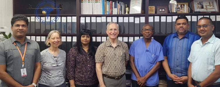 From left to right are Dr Navindranauth Rambaran, Director Medical and Professional Services, GPHC; Mrs  Dunn, wife of Professor Steven Dunn; Dr Marisa Seepersaud, Paediatric Surgeon, GPHC; Professor Steven Dunn, Paediatric Surgeon and Head of Solid Organ Transplant at Nemours Children Hospital in Delaware, USA; Dr Colin Abel, Head of Paediatric Surgery and Liver Transplant at Bustamante Hospital for Children in Jamaica; Robbie Rambarran, CEO, GPHC; Dr Shilindra Rajkumar, Head, General Surgery, GPHC. (GPHC photo)
