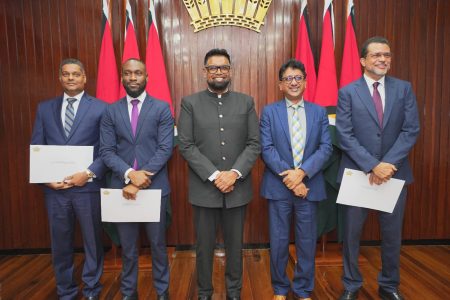 President Irfaan Ali is at centre. Also in photo from left are Kamal Ramkarran, Keoma Griffith, Anil Nandlall SC and Timothy Jonas SC (Office of the President photo)