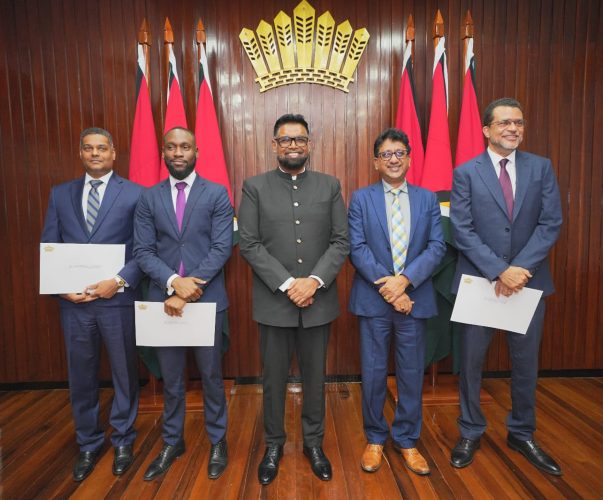 President Irfaan Ali is at centre. Also in photo from left are Kamal Ramkarran, Keoma Griffith, Anil Nandlall SC and Timothy Jonas SC (Office of the President photo)