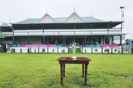 The highly coveted ICC Men’s T20 World Cup Trophy graced the pitch of Bourda Ground, GCC, despite inclement weather. In the background, the iconic Members Pavilion of GCC stands tall.