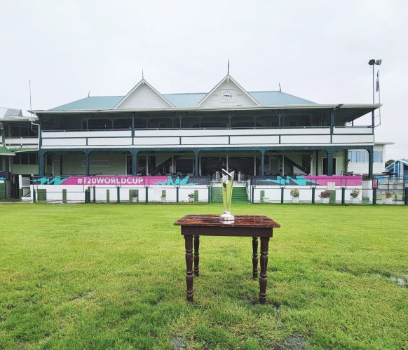 The highly coveted ICC Men’s T20 World Cup Trophy graced the pitch of Bourda Ground, GCC, despite inclement weather. In the background, the iconic Members Pavilion of GCC stands tall.