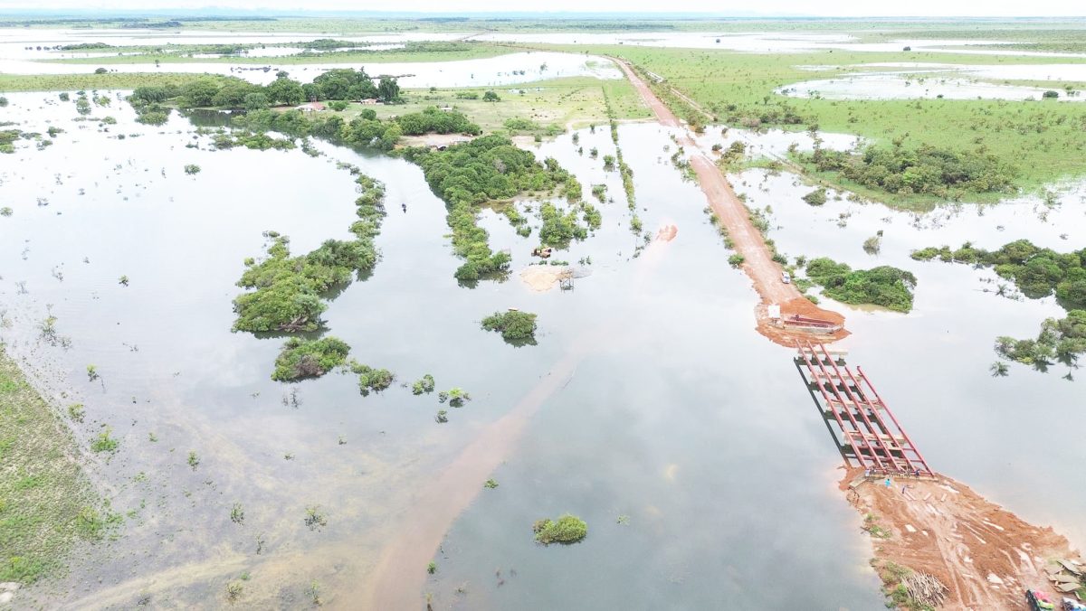 The flood around the Pirara Bridge, Region Nine yesterday. (Greaves’ Transportation & Tours Facebook photo)