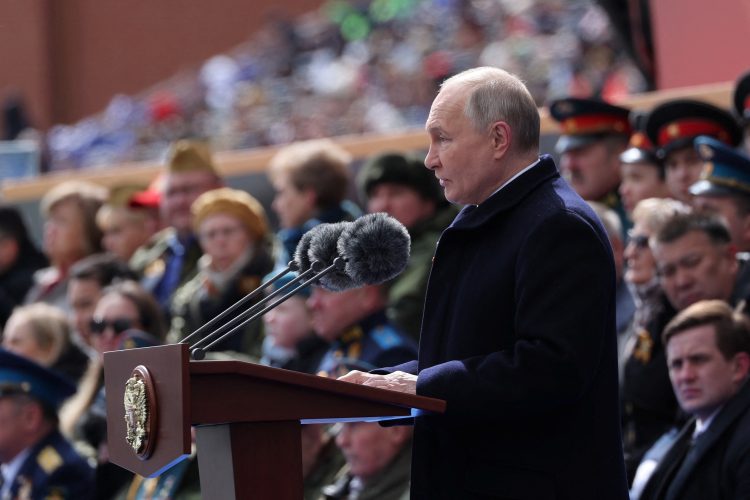 Russian President Vladimir Putin delivers a speech during a military parade on Victory Day, which marks the 79th anniversary of the victory over Nazi Germany in World War Two, in Red Square in Moscow, Russia, May 9, 2024. Sputnik/Mikhail Klimentyev/Pool via REUTERS
