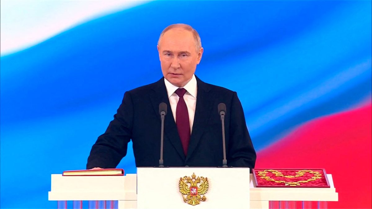 Russian President Vladimir Putin takes the oath during an inauguration ceremony at the Kremlin in Moscow, Russia May 7, 2024, in this still image taken from live broadcast video. Kremlin.ru/Handout via REUTERS