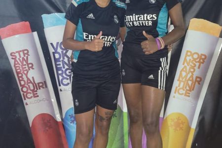 Speightland captured the Female segment of the “One Guyana Kings & Queens Beach Football” competition through a goal each from Shenessa Cornelius (left) and Nikita Wayne.