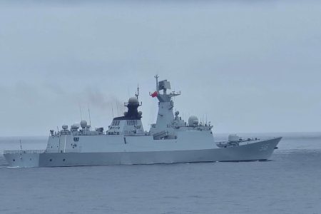 A Chinese warship navigates on waters near Pengjia Islet in northern Taiwan, in this handout image released May 23, 2024. Taiwan Coast Guard/Handout via REUTERS  