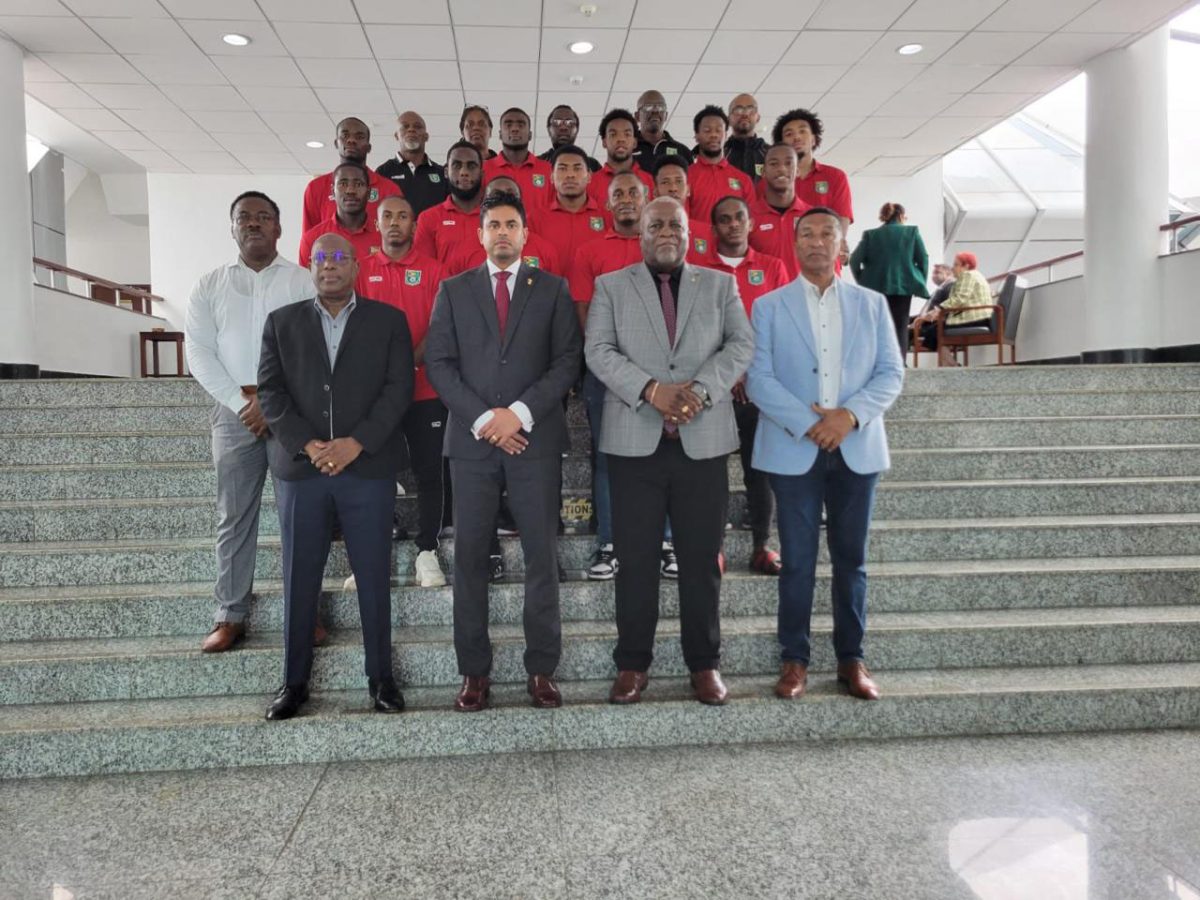 
Prime Minister Mark Phillips (2nd from right, front row) along with Minister of Culture, Youth & Sport, Charles Ramson Jr. (2nd from left, front row) and Director of Sport Steve Ninvalle (left, front row) posed for a photo with some members of the Golden Jaguars. 