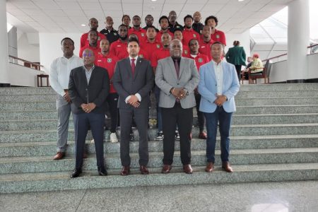 
Prime Minister Mark Phillips (2nd from right, front row) along with Minister of Culture, Youth & Sport, Charles Ramson Jr. (2nd from left, front row) and Director of Sport Steve Ninvalle (left, front row) posed for a photo with some members of the Golden Jaguars. 