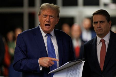 Former U.S. President Donald Trump speaks after exiting the courtroom alongside his attorney Todd Blanche during his hush money trial at Manhattan Criminal Court in New York City, U.S., 20 May 2024. Sarah Yenesel/Pool via REUTERS