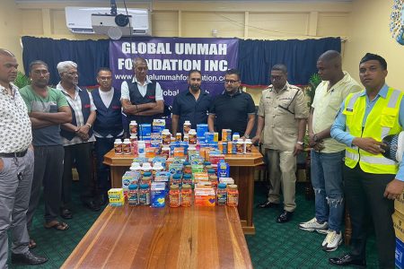 Global Ummah Foundation has once again partnered with the Guyana Police Force Regional Division No.3 and made a donation. Doctor Shaffiek Mohamed the Founder and Director along with other representatives based in Guyana, donated several types of pharmaceutical supplies for the benefit of ranks within the Region. Regional Commander Assistant Commissioner M. Siwnarine extended gratitude to the team. (Guyana Police Force photo)