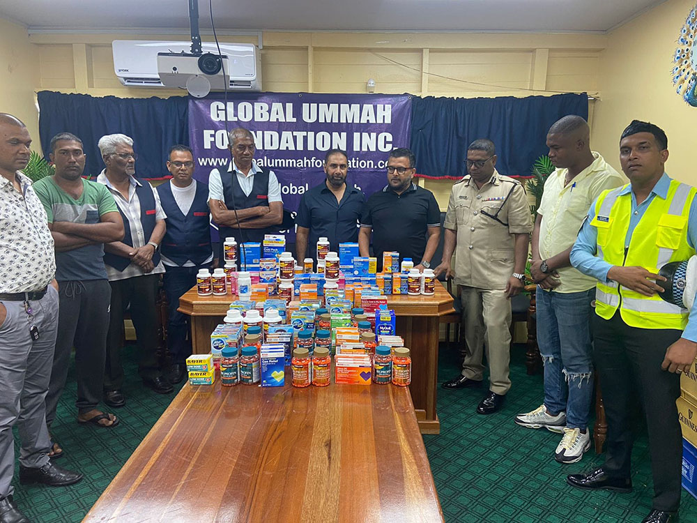 Global Ummah Foundation has once again partnered with the Guyana Police Force Regional Division No.3 and made a donation. Doctor Shaffiek Mohamed the Founder and Director along with other representatives based in Guyana, donated several types of pharmaceutical supplies for the benefit of ranks within the Region. Regional Commander Assistant Commissioner M. Siwnarine extended gratitude to the team. (Guyana Police Force photo)