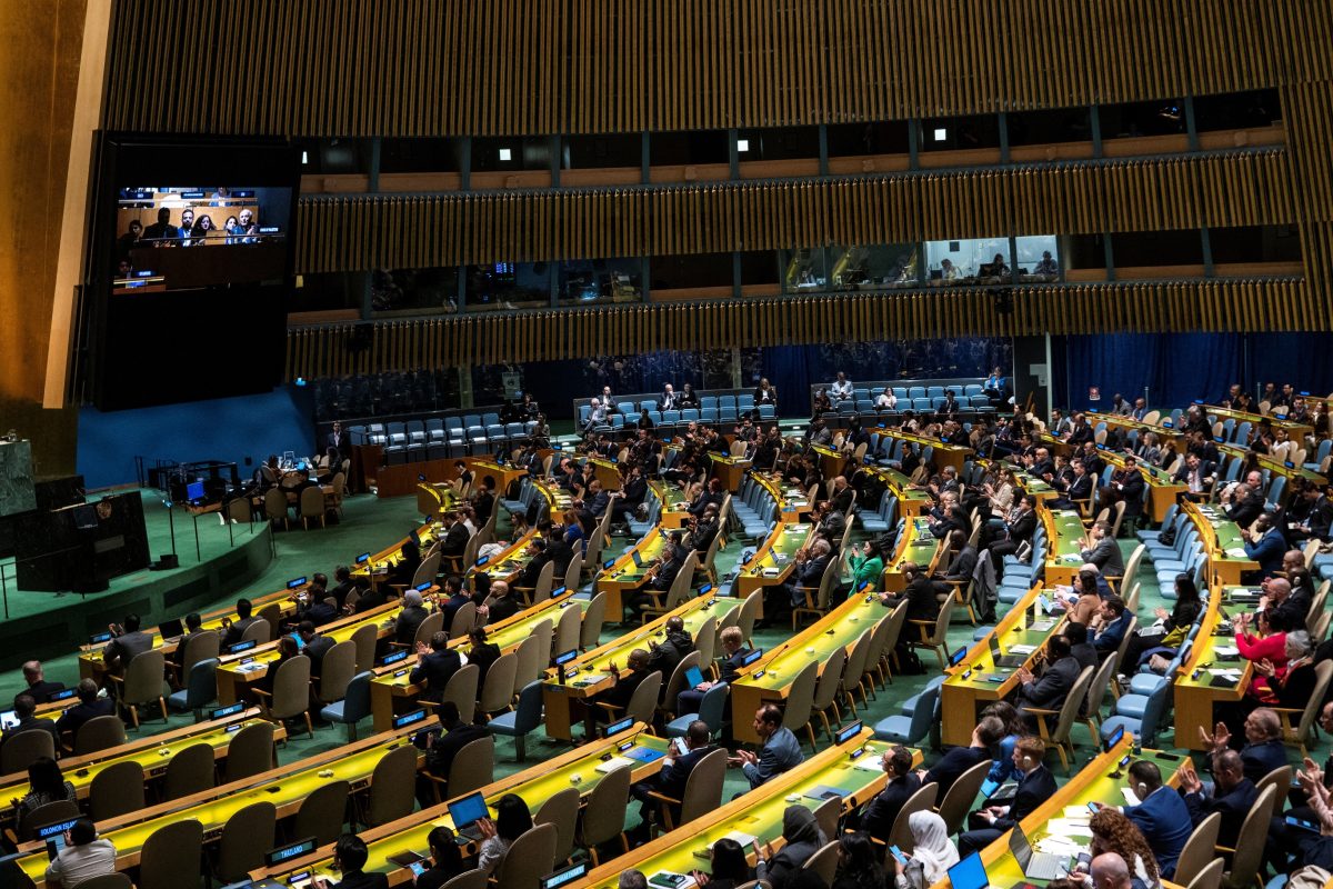 Delegates react to the voting results during the United Nations General Assembly vote on a draft resolution that would recognize the Palestinians as qualified to become a full U.N. member, in New York City, U.S. May 10, 2024. REUTERS/Eduardo Munoz