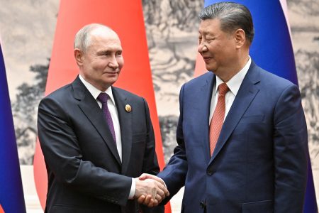 Russian President Vladimir Putin shakes hands with Chinese President Xi Jinping during a meeting in Beijing, China May 16, 2024. Sputnik/Sergei Bobylev/Pool via REUTERS