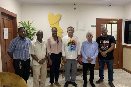 From left to right in the photograph are  Courdel Joseph, Executive member of NFA;  Keith Scott, Leader of NFA;  Tabitha Sarabo-Halley, MP, Leader of GNB; Vincent Henry, MP, Leader of GAP;  Jaipaul Sharma, Leader of ERJP and Errol Ross, Chair of GAP.