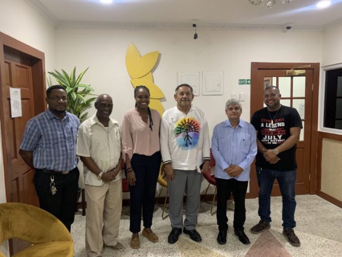 From left to right in the photograph are  Courdel Joseph, Executive member of NFA;  Keith Scott, Leader of NFA;  Tabitha Sarabo-Halley, MP, Leader of GNB; Vincent Henry, MP, Leader of GAP;  Jaipaul Sharma, Leader of ERJP and Errol Ross, Chair of GAP.