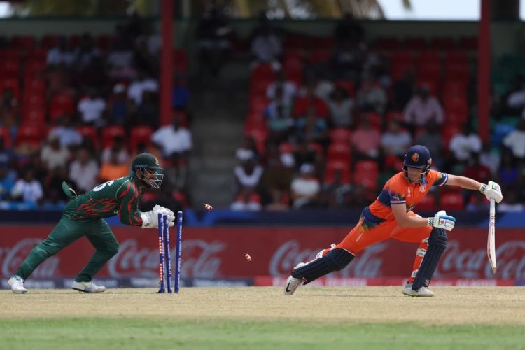 Bas de Leede is sent packing after being stumped by Litton Das off the bowling of Rishad Hossain for 0 