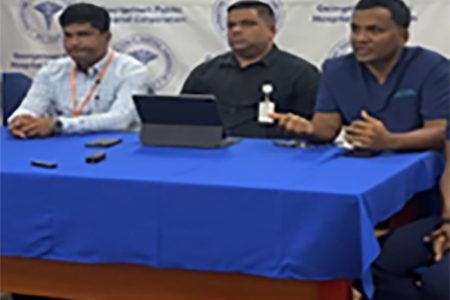 From left to right: GPHC’s Director of Medical & Professional Services, Dr. Navindranauth Rambaran; GPHC’s Chief Executive Officer, Robbie Rambarran and Head of the Accident and Emergency Department at the Georgetown Public Hospital, Dr. Zulfikar Bux.