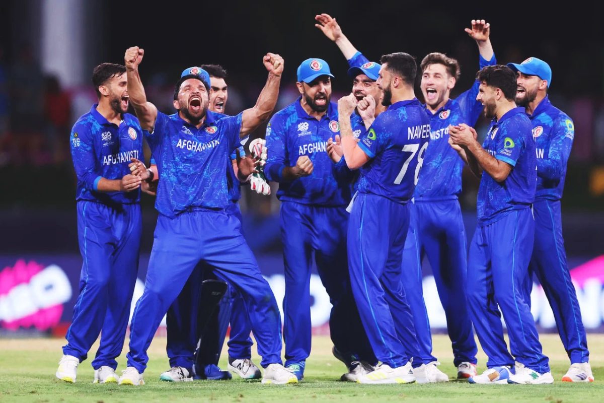 Joy! Gulbadin Naib (2nd from left) engineered an historic victory for Afghanistan against Australia
as he snared 4-20 which included the wickets of Glenn Maxwell, Marcus Stoinis, and Tim David
