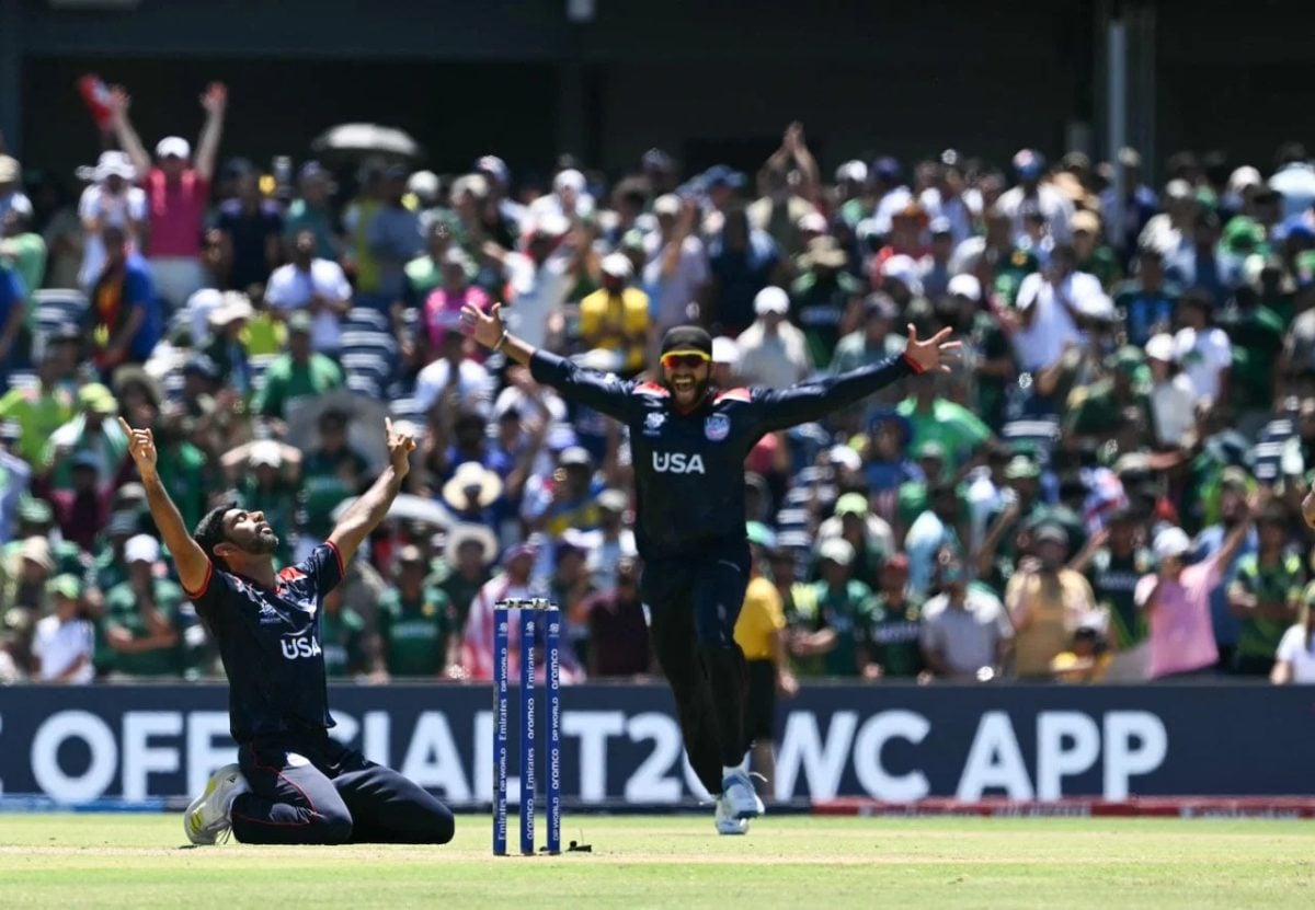 Ecstasy! Saurabh Netravalkar falls to his knees after securing a historic victory over Pakistan in the Super Over