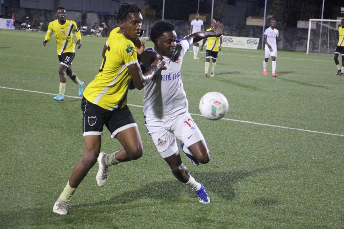 GPF’s Neron Barrow (right) tussles with a Buxton United defender for possession