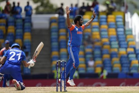 India’s Jasprit Bumrah dismissed Rahmanullah Gurbaz in his first over for 11