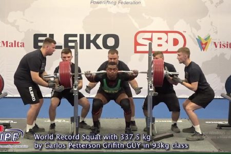 World Record! Guyana’s Carlos Petterson-Griffith strains every muscle and sinew in his body as he
successfully sets a new world record squat of 337.5kg in the 93kg class of the World Classic Powerlifting Championships in Druskininkai, Lithuania. Petterson-Griffith won gold in the individual squat event and placed fifth overall in a field of 34.