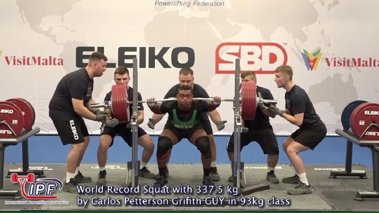 World Record! Guyana’s Carlos Petterson-Griffith strains every muscle and sinew in his body as he
successfully sets a new world record squat of 337.5kg in the 93kg class of the World Classic Powerlifting Championships in Druskininkai, Lithuania. Petterson-Griffith won gold in the individual squat event and placed fifth overall in a field of 34.