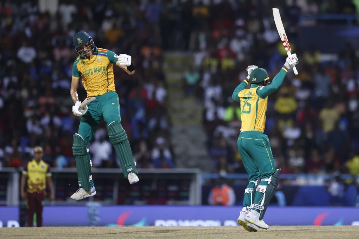 Marco Jansen (left) and
Kagiso Rabada celebrate after defeating the
West Indies
