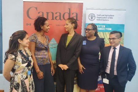 From left to right are: ThuTrang Nguyen, International Assistance Program Officer, Global Affairs Canada; Abebech Assefa, Head of Cooperation for the Eastern Caribbean, Global Affairs Canada; Dr. Renata Clarke, FAO’s Sub-Regional Coordinator for the Caribbean; Vermaran Extavour, Value Chain Expert & Project Coordinator, FAO's Subregional Office for the Caribbean; and Roberto Sandoval, Disaster Risk Management Specialist, FAO's Subregional Office for the Caribbean at the project launch at UN House in Barbados.