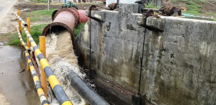 Water being pumped out of Black Bush Polder  yesterday. 