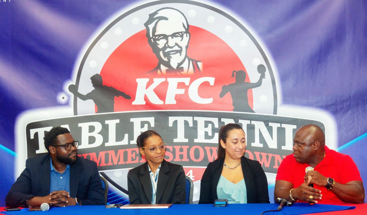 L-R: Ishaka Jackman, Chelsea Edghill, KFC Marketing Director Sadia Strand and Guyana Table Tennis Association (GTTA) Vice-President Andrew Daly at the launch of the KFC Table Tennis Summer Showdown
