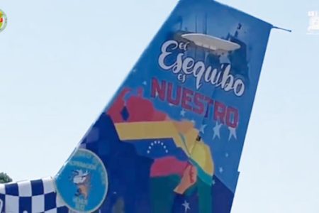 Photo of the slogan “el Esequibo es Nuestro” (Essequibo is ours) on the K-8W aircraft (source- GJ. Domingo Hernández Lárez’s post on X)