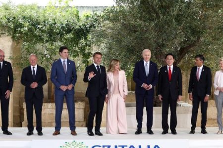 Italy's Prime Minister Giorgia Meloni, US President Joe Biden, France's President Emmanuel Macron, Canada's Prime Minister Justin Trudeau, Germany's Chancellor Olaf Scholz, Britain's Prime Minister Rishi Sunak, Japan's Prime Minister Fumio Kishida, European Commission President Ursula von der Leyen and President of the European Council Charles Michel pose for a family photo on the first day of the G7 summit at the Borgo Egnazia resort, in Savelletri, Italy, on June 13, 2024.
Image Credit: REUTERS