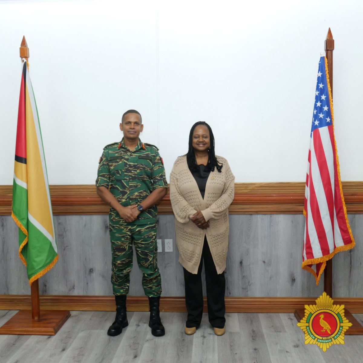 United States Under Secretary for Arms Control and International Security, Bonnie Jenkins (right)  with GDF Chief of Defence Staff, Brigadier Omar Khan at Camp Ayanganna (GDF photo)