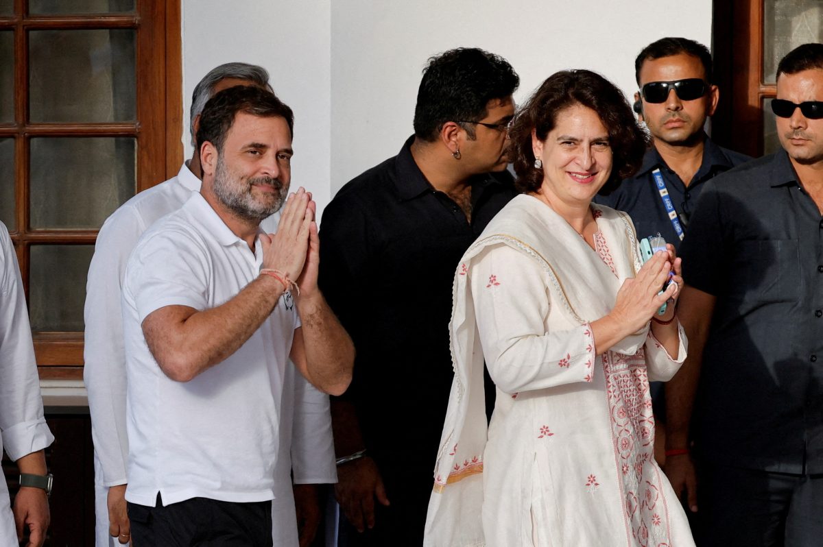 FILE PHOTO: Priyanka Gandhi Vadra and her brother Rahul Gandhi, senior leader of India’s main opposition Congress Party,  are seen ahead of an INDIA alliance meeting in New Delhi, India, June 5, 2024. REUTERS/Adnan Abidi/File Photo