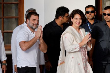 FILE PHOTO: Priyanka Gandhi Vadra and her brother Rahul Gandhi, senior leader of India's main opposition Congress Party,  are seen ahead of an INDIA alliance meeting in New Delhi, India, June 5, 2024. REUTERS/Adnan Abidi/File Photo